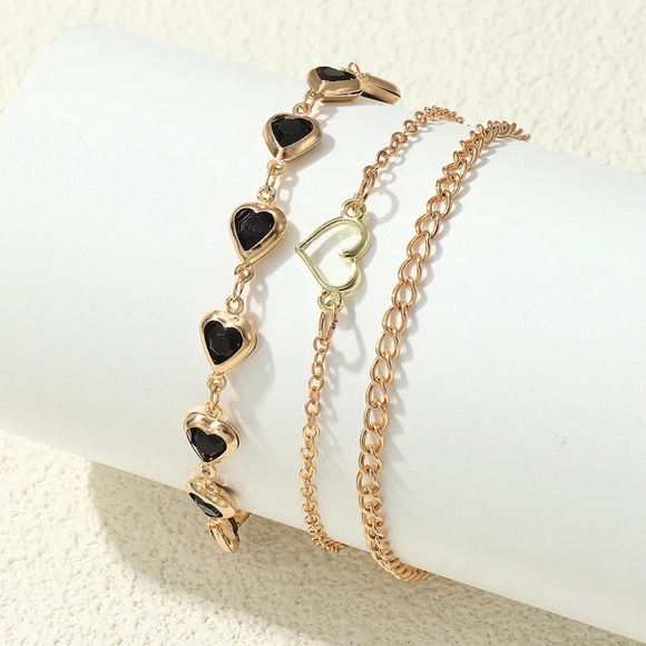 **TAJA* 3-Pc Gold x Black Heart Chain Fashion Anklet Set - Picture 1 of 7